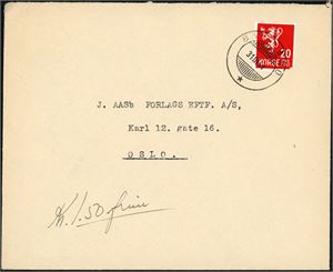 246. 20 øre Løve på konvolutt, annullert med hjelpestempel "Bygland 31.3.41" (VA).