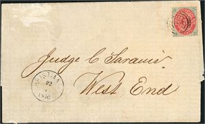 DWI. 3 c bicoloured (1. print) on complete letter from St. Thomas to West End (St. Croix), cancelled with a stumb postmark and "Christiansted 22.4.1876" beside.