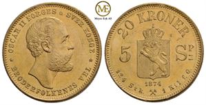 20 kroner/5 Sp. 1874 Oscar II. Kv.0/01