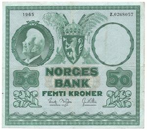 50 kroner 1965 Z.0268057. Erstatningsseddel. R-seddel. Kv.1/1+