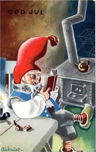 Julekort. Nisse leser bok. Aukrust
