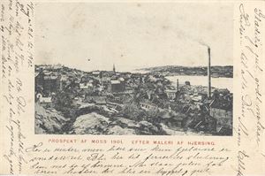 Moss, Prospekt af Moss 1901.   Etter maleri av Hjersing.  Kort brukt 1902