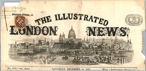 The upper part of a decorative newspaper from December 16, 1865 with a 1d red cancelled "74" and sent to Canada.