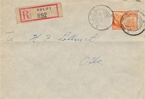 Hjelpestempel SOLØY HJ-SA -6 8 47 (TR) på pent rek. brev med NK 367. Ca. 7 ukers brukstid.