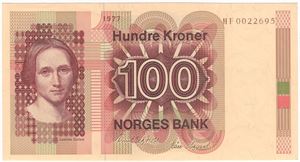 100 kroner 1977 HF. Erstatningsseddel. Kv.0/01