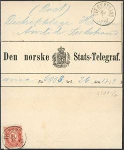 53 I. 10 øre 20 mm på telegram, stemplet "Tvedestrand 29.9.1887".