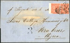 Z10/95. DWI. Letter from Curacao company B. De Sola to Mexico via St. Thomas, where the letter was franked with two 4d orange (pl 12) and cancelled with "C 51". "St-Thomas paid Jy 7?" in red at side together withe postage number "3" (reales) in Mexoco.