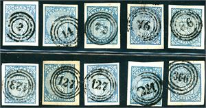 1. Ti 4 skilling Våpen 1855, alle annullert med nummerstempel.Litt varierende marger, men stort sett pene merker.