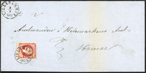 5. 8 skilling Oscar på dobbeltvektig brevomslag, stemplet "Lillehammer 9.1.1862".