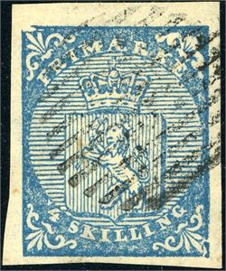 1. 4 skilling våpen 1855, variant "Oppgravert hjørne" (D 34), annullert, med riststempel. God marg oppe, normale i sidene, og noe smal nede.