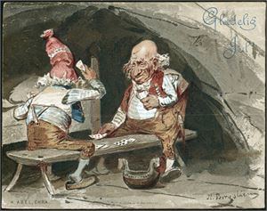 Nils Bergslien. "Nisser spiller kort", påtrykt "Glædelig Jul!" i øvre, høyre hjørne. K-1