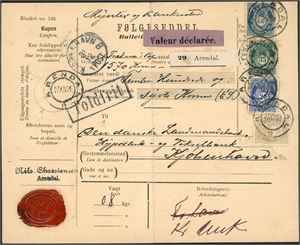 73,79,82,84. 116 øres porto til Danmark. 1 øre-, 20 øre-, 35 øre og 60 øre fintagget Knudsen på følgebrev (Bl. nr. 146) til Kjøbenhavn, stemplet "Arendal 27.12.04". Ankomststemplet ved siden. En litt kraftig vertikal arkivbrett berører ikke merkene.