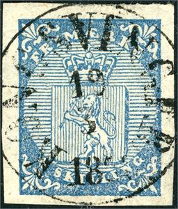 1. 4 skilling våpen 1855, rettvendt fullstemplet "Kongsvinger 19.3.1856". Gode marger.