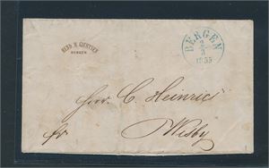 Brev stemplet "BERGEN 2-3-1855" til Wisby, Gotland, Sverige. Logo: Hend. M. Giertsen, Bergen