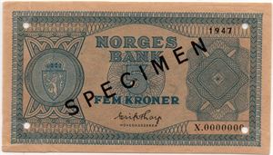 5 kroner 1947 X.0000000 Specimen. Kv.01