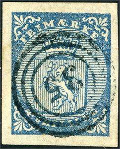 1. 4 skilling Våpen 1855, annullert med nummerstempel "35" (Brevig, TE) i blått. Gode- til normale marger.