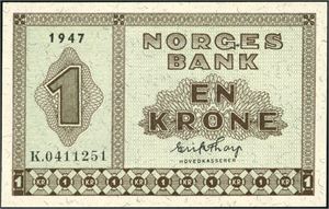 1 krone 1947, serie K.0411251. 0