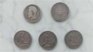 RYSSLAND-SOVJET fem silvermynt, Nikolaj 50 kopek 1895, tre st 1 Poltinnik samt 1 st 50 kopek 1922