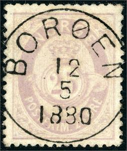 28. 25 øre skravert Posthorn, rettvendt fullstemplet "Borøen 12.5.1880".