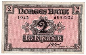2 kroner 1942 London utg. A.648922. Kv.1+