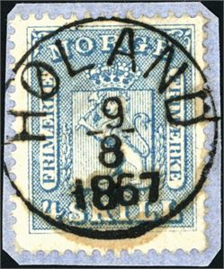 8. 4 skill på lite brevstykke, rettvendt fullstemplet "Høland 9.8.1867".