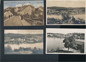 KRISTIANSAND-LUND/LUNDSIDEN 4 småformat. Fargekortet med stempelflekker foran er brukt i 1914