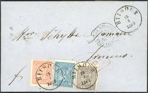 7,9,14. 15 skillings porto til Frankrike. 3 skill, 8 skill og 4 skill 4 på brevomslag til Amiens, stemplet "Riisøer 15.3.1868". Ved siden fransk transittstempel. Baksiden med "Christiania Omk", "Paris" og "Amiens 23 Mars 68".