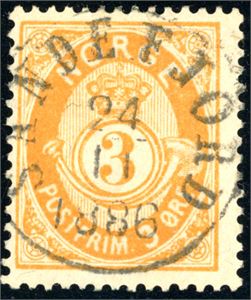 41. 3 øre 21 mm, pent fullstemplet "Sandefjord 24.11.1886".