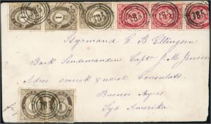 22,43. 35 øres porto til Sør-Amerika. Fem 1 øre skravert Posthorn og tre 10 øre 21 mm på konvolutt til Buenos Aires, anert med 3-rings "385" (D/S Rival (1884-1897) i ruten Tvedestrand-Lyngør). Transittstempel "Tvedestrand" samt et utenlandsk stempel på baksiden. Et par 1 ører og en 10 øre med feil pga perifer plassering på konvolutten.