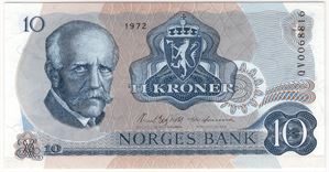 10 kroner 1972 QV erstatningsseddel. Kv.0