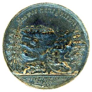 Frederik IV. Karl XII´s død 1718. Den svenske Løve Faldt for den Norske Løvens Fod. Der miste hand Sit Liv og Sidste Helte Blod. Berg. Kobber. 50 mm.Galster 312var. Nypregning. Ex Riibe.