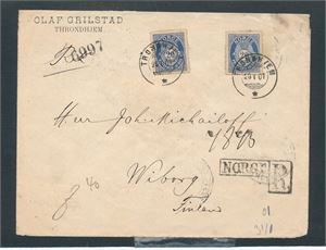 Nk 79 x2 på rekbrev stemplet "TRONDHJEM 26 I 01" til Wiborg, Finland. Meget god stempelhistorikk bak