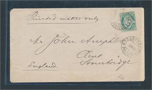 Nk 42 Ib på trykksak til England stemplet "NORDBANERNES POSTEXP 4 IV 85". 3 stempler bak. Iflg NK er 2 brev kjent av denne typen