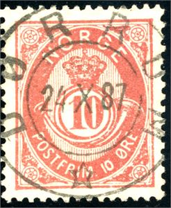 53 I. 10 øre 20 mm, rettvendt stemplet "Dørrum 24.10.87". Luksus.