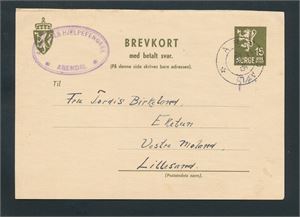 Brevkort stemplet "ARENDAL 8.10.45" til Lillesand. Firmastempel "ARENDALS HJELPEFENGSEL". Kortet er sendt av innsatt