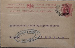 BRITISK LEVANT. Brevkort sendt fra "Salonique" til Norge i 1912.
