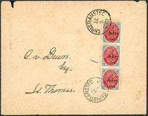 18 B. DWI. The  2 c 1902 Provisional in  a vertical strip of three on evelope to St. Thomas. Two stamps are cancelled "Christiansted 12.4.1902".  The last stamps have a small blue crayon mark at side, to indicate that this stamps can be used one more time. "St. Thomas 144.4.1902" cds at reverse.