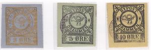 Drammen Bypost IV nr. 2, 3 og 4 stemplet med toringsstempel BØRRESENS BYPOSTKONTOR udatert i fiolett.  Attest NF: "Frimerkene og stemplene er ekte"