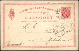 Bk 3 B. DWI. 3 cent Brevkort, with "St. Thomas 6.3.1884" cds and sent to Kjøbenhavn. The rare "Ligne A Paq. Fr. No. 2 19 Avr 84" at side. Ex. S. Ringstrøm.