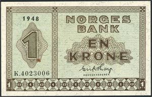 1 krone 1948, serie K.4023006. 0/01