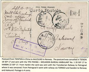 Tre kort sendt til Norge 1915/17: Et ufrankert fra Tientsin Kina, et fra Tysk Postkontor i Shanghai og et fra Indo-Kina.