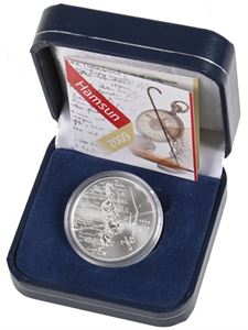 Mynt 200 kr 2009 Hamsun. 16.85 gram 925s. Kvalitet proof. Med eske og sertifikat.