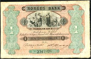 Een speciedaler 1869, No.3347926. To knappenålshull samt en ørliten rift i øvre kant, men likevel et pent utseende. 2