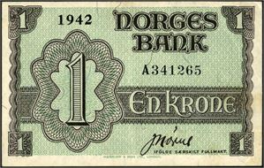 1 krone London 1942, serie A 341265. 1/1+