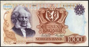 1000 kroner 1980, serie B 2288910. 1-