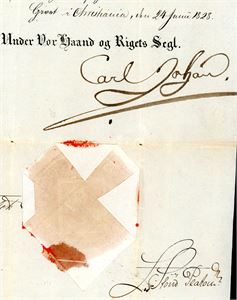 Carl Johan. Kongebrev fra Christiania 1828, med segl og signatur "Carl Johan".