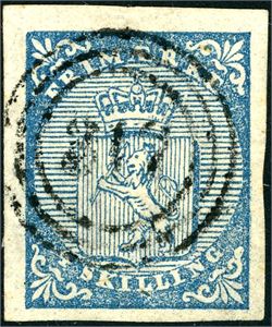 1. 4 skilling våpen 1855, anert med nummerstempel "317" (Tønsberg, VF). To gode- og to normale marger. Attest FCM.