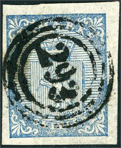 1. 4 skilling våpen 1855, anert med nummerstempel "293" (Størdalen, NT, 5 pkt). Tre gode marger, litt smal i venstre side.