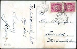 118.. To 5 øre Posthorn på postkort, annullert med 4-rings "3" (Vestrefjorden, Vatne, MØ) og ved siden stemplet "Aalesund 29.12.24".