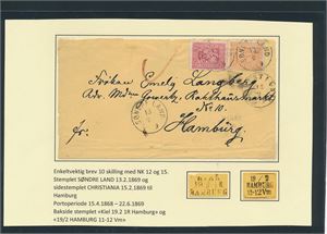 Brev med Nk 12 og 15 stemplet "SØNDRE LAND 13-2-1869" til Hamburg. Se utfyllende tekst på bildet